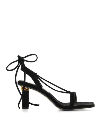Black suede wrap style strappy sandals with gold hardware detail by 2 Baia Vista.